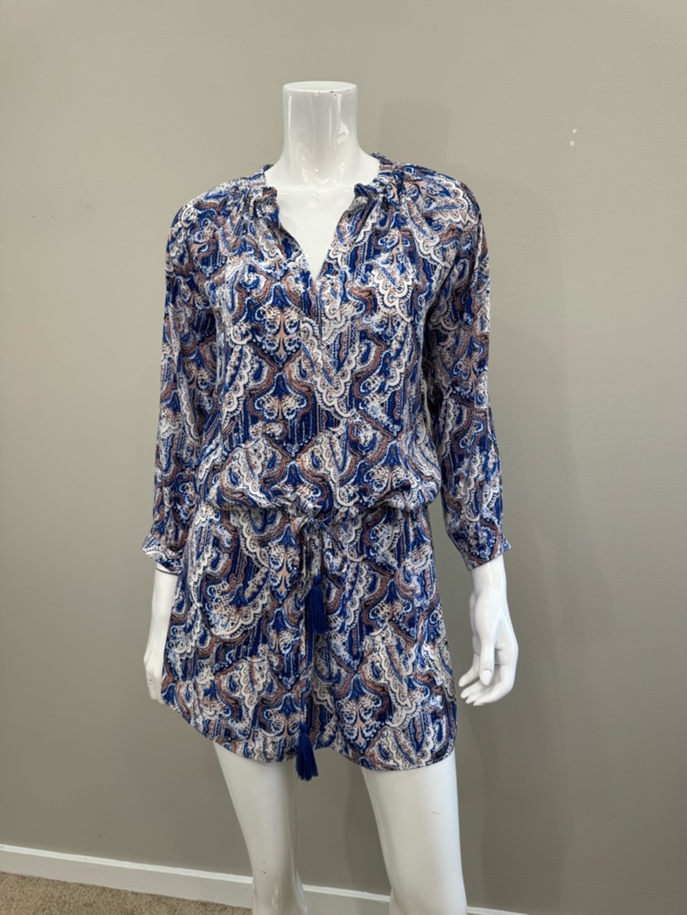 OLIVACEOUS Blue Paisley Boho Dress Tassel Tie Waist Long Sleeve Mini Festival